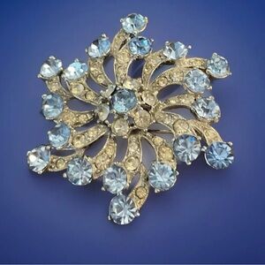1940’s Bogoff  Signed Silver tone Brooch Austrian Crystal Flower Blue Rare